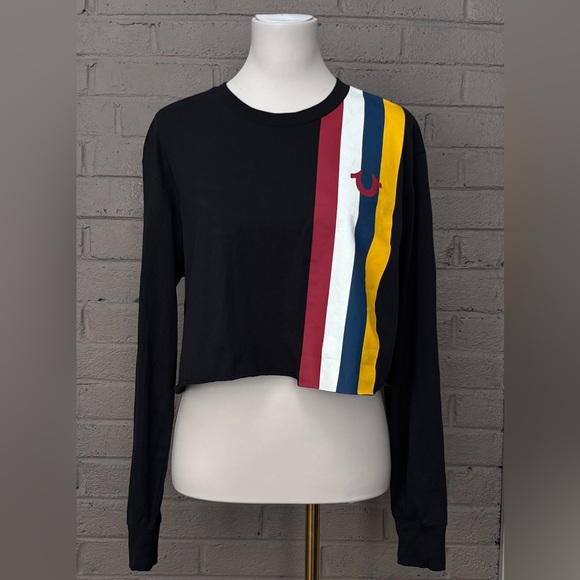 True Religion Black Crop Top with faux leather stripes XL - Picture 2 of 12